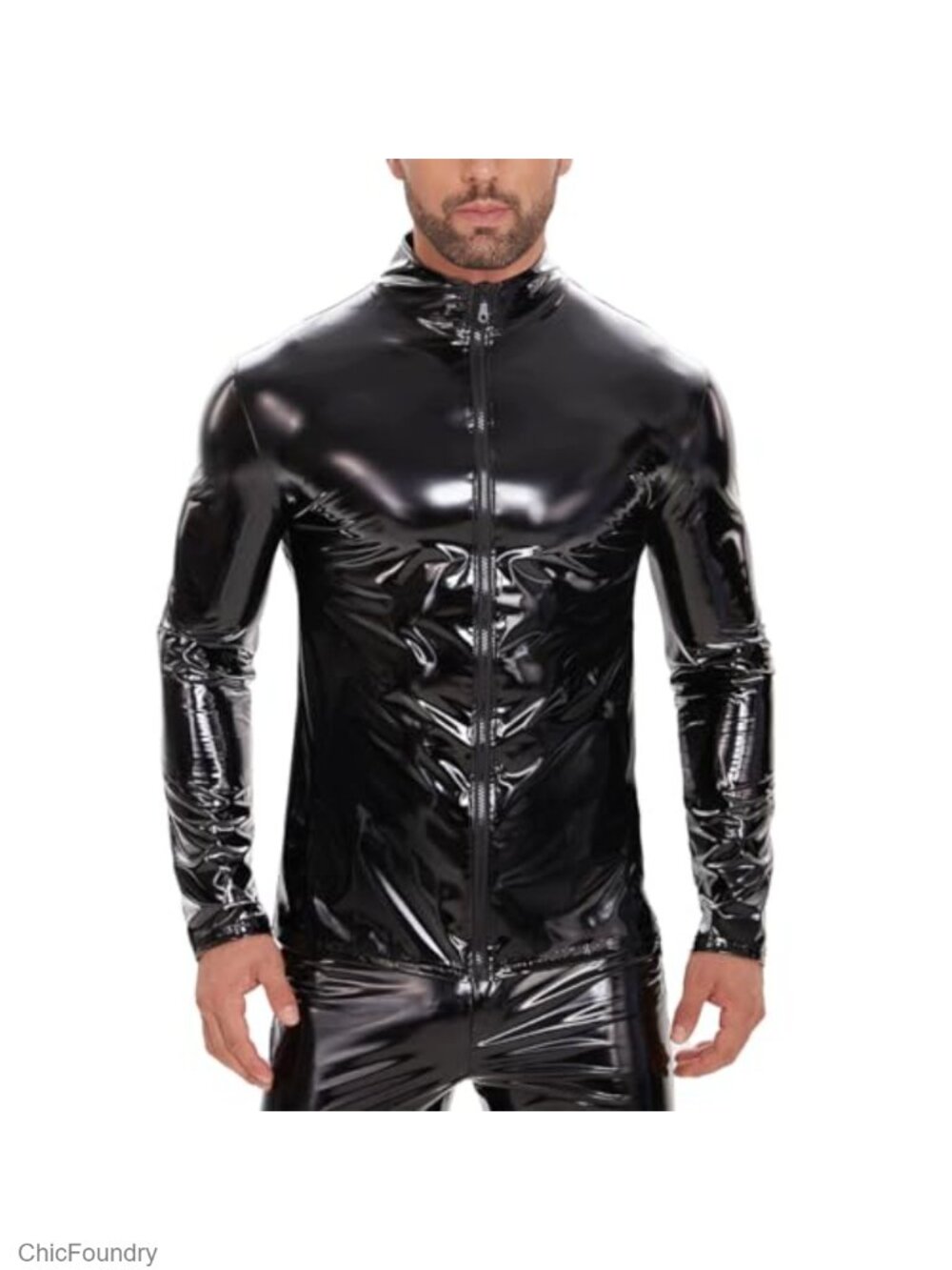 Men's Shiny Faux Leather Jacket Long Sleeve Full Zipper Party Club